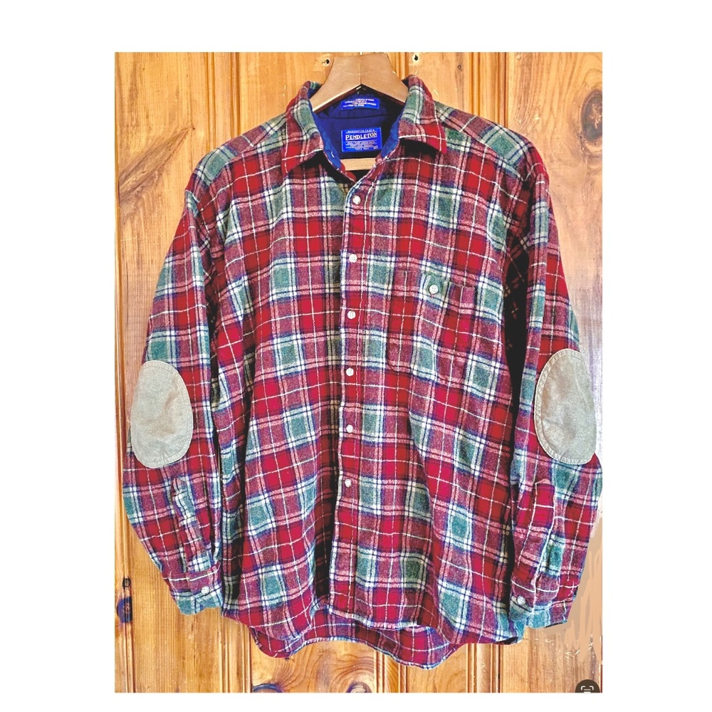 Pendleton 100% Wool Men’s XL Plaid Elbow-Patch Trail Shirt Red Tan Outdoor
